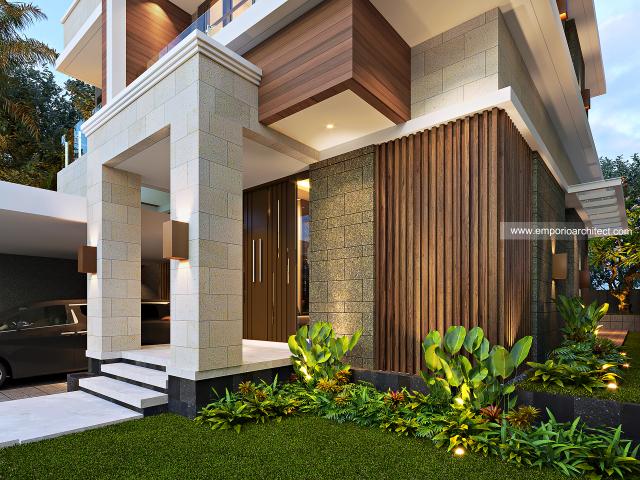 Desain Tampak Detail Depan Rumah Modern 2 Lantai Bapak Irawan di Depok, Jawa Barat