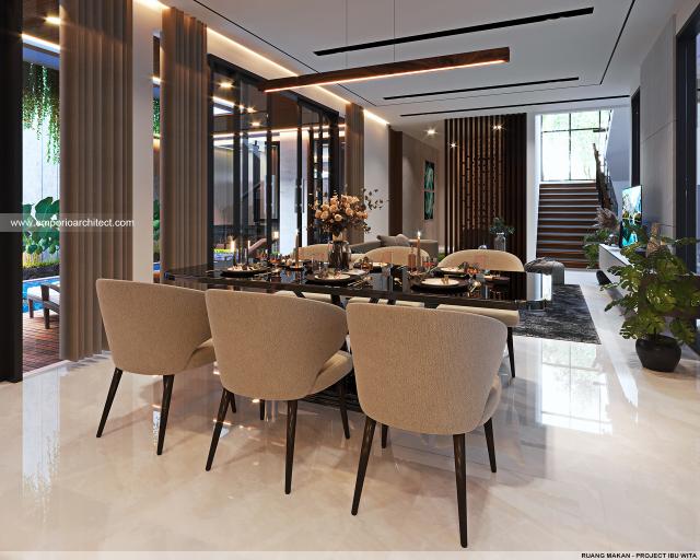 Desain Ruang Makan Rumah Modern 2 Lantai Ibu W di Jakarta Barat