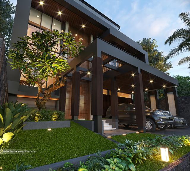 Desain Tampak Detail Depan Rumah Modern 2 Lantai Ibu W di Jakarta Barat