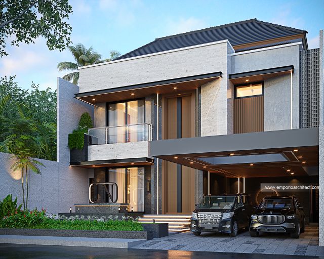 Desain Tampak Depan Rumah Modern 2 Lantai Bapak J dan Ibu N di Sentul, Bogor