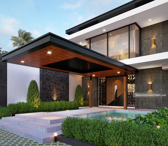 Desain Tampak Detail Depan Rumah Modern 2 Lantai Ibu SSC di Bogor, Jawa Barat