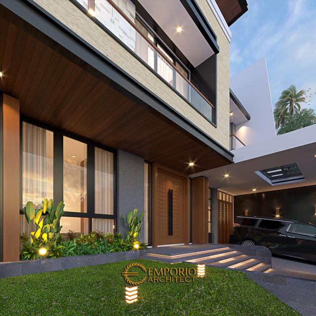 Desain Tampak Detail Depan Rumah Modern 2 Lantai Ibu IDH di BSD, Tangerang Selatan, Banten