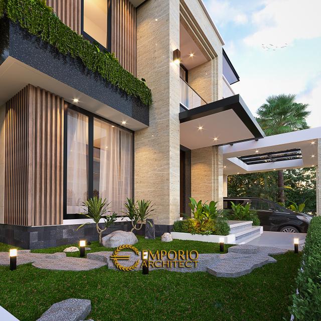 Desain Tampak Detail Depan Rumah Modern 2 Lantai Bapak YYM di BSD, Tangerang Selatan, Banten