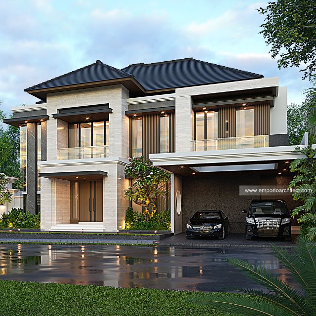 Desain Tampak Depan Rumah Modern 2 Lantai Bapak NM di Denpasar, Bali