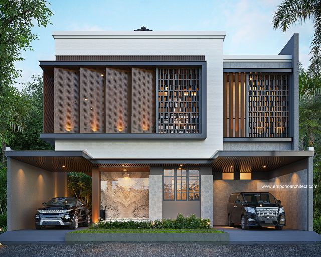 Desain Tampak Depan 2 Rumah Modern 2 Lantai Ibu SLN di Cengkareng, Jakarta Barat