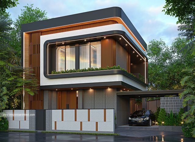 Desain Tampak Depan Dengan Pagar Rumah Modern 2 Lantai Ibu dr. S di Bandung