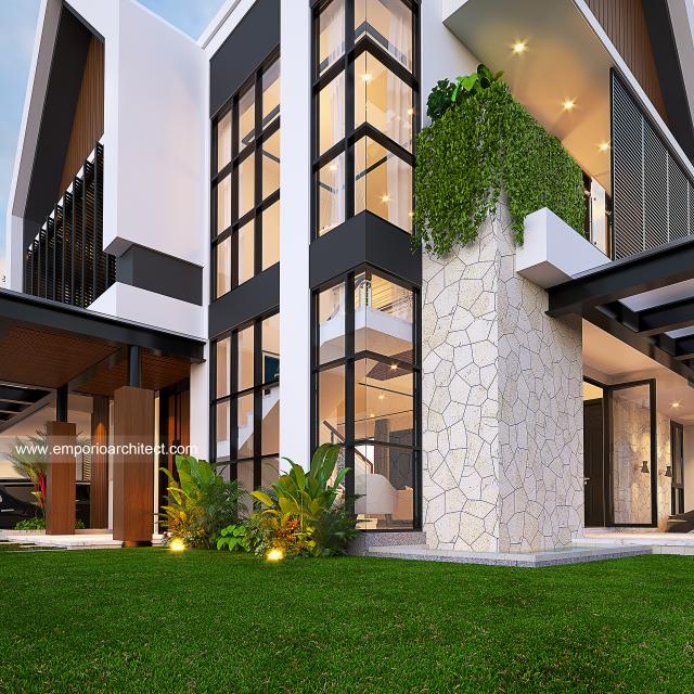 Desain Tampak Detail Depan Rumah Modern 2 Lantai Bapak Adam di BSD, Tangerang Selatan, Banten