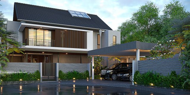 Desain Tampak Depan Dengan Pagar Rumah Modern 2 Lantai Ibu EI di BSD, Tangerang Selatan