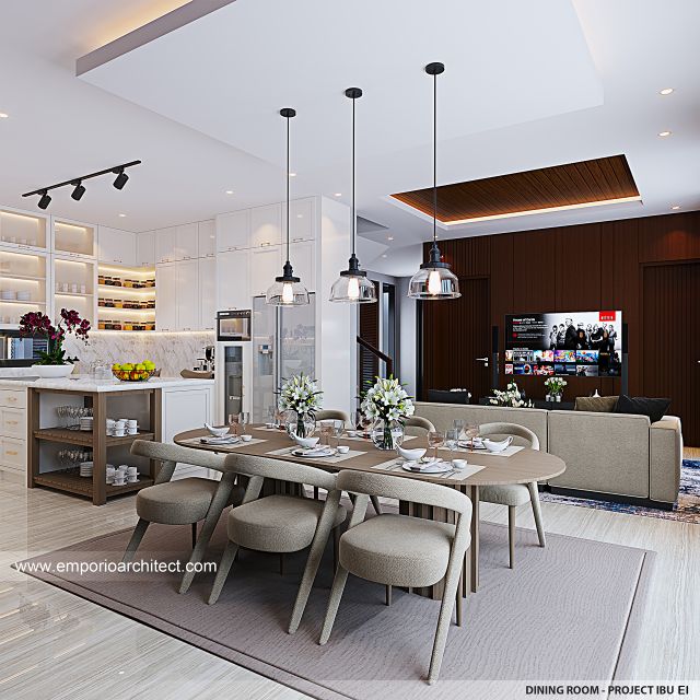 Desain Ruang Makan Rumah Modern 2 Lantai Ibu EI di BSD, Tangerang Selatan