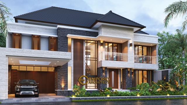 Desain Rumah Modern 2 Lantai Ibu Hj. Niniek di Palembang, Sumatera Selatan - Tampak Depan Tanpa Pagar