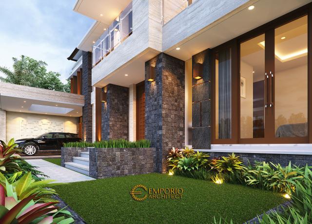 Desain Tampak Detail Depan 1 Rumah Modern 2 Lantai Ibu Hj. Niniek di Palembang, Sumatera Selatan