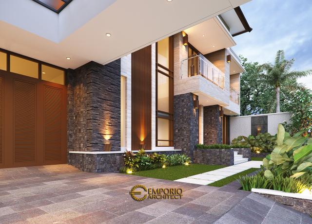 Desain Tampak Detail Depan 2 Rumah Modern 2 Lantai Ibu Hj. Niniek di Palembang, Sumatera Selatan