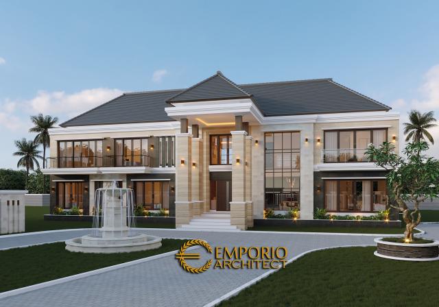 Desain Tampak Depan Rumah Villa Bali Modern 2 Lantai Bapak Wahyudi di Banjarmasin, Kalimantan Selatan