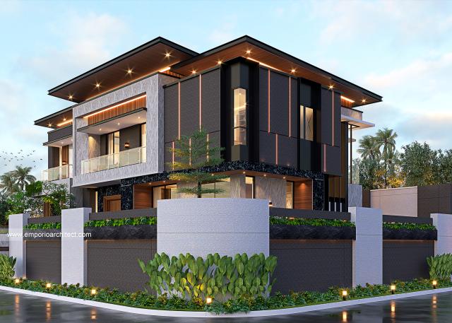 Desain Tampak Hook 2 Rumah Modern 2.5 Lantai Ibu FLC di Bogor