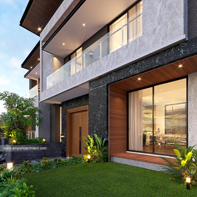 Desain Tampak Detail Depan Rumah Modern 2.5 Lantai Ibu FLC di Bogor