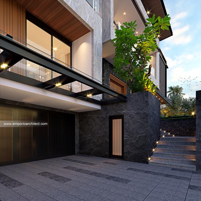 Desain Tampak Detail Depan 2 Rumah Modern 2.5 Lantai Ibu FLC di Bogor