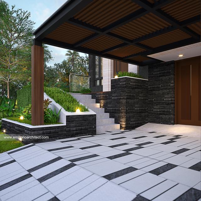 Desain Tampak Detail Depan Rumah Modern 2.5 Lantai Ibu Youla di Makassar