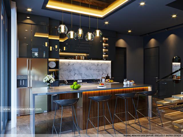 Desain Ruang Makan dan Dapur Rumah Modern 2.5 Lantai Bapak Denza di BSD, Tangerang Selatan, Banten