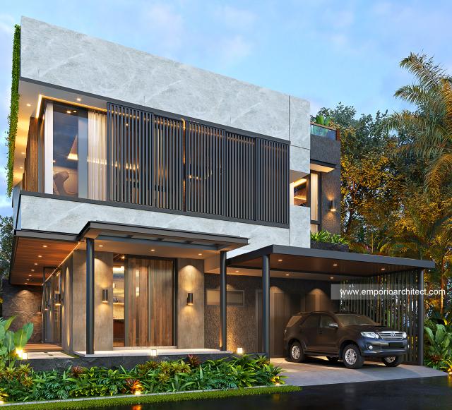 Desain Tampak Depan Kiri Rumah Modern 2.5 Lantai Bapak Denza di BSD, Tangerang Selatan, Banten