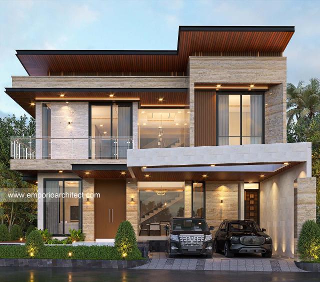 Desain Tampak Depan 2 Rumah Modern 2.5 Lantai Bapak FLX di Jakarta