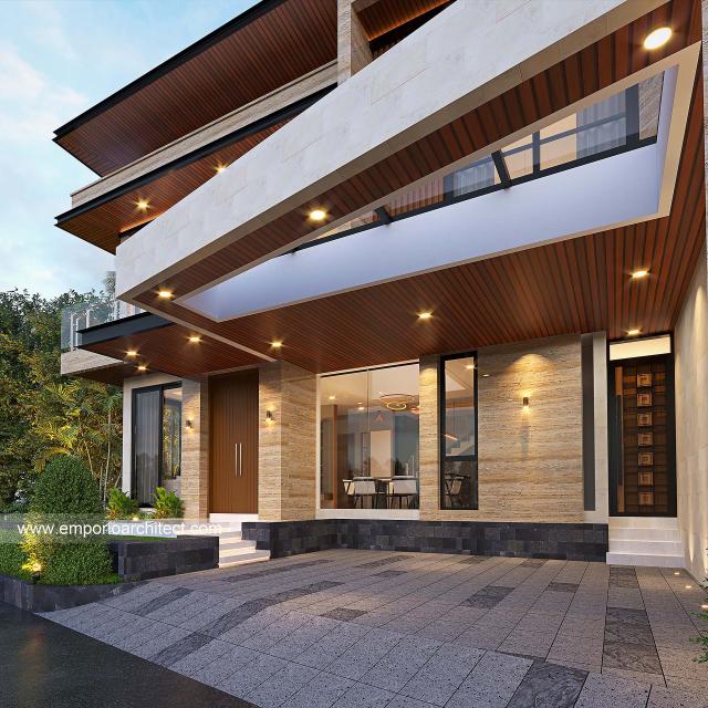 Desain Tampak Detail Depan 2 Rumah Modern 2.5 Lantai Bapak FLX di Jakarta