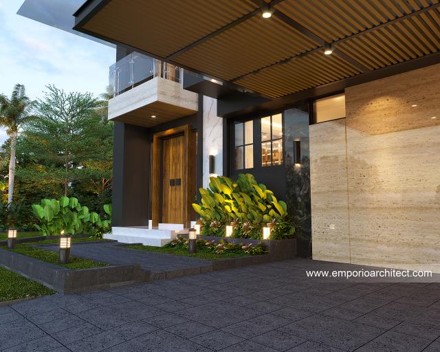 Desain Tampak Detail Depan 2 Rumah Modern 2.5 Lantai Bapak YGI di Makassar