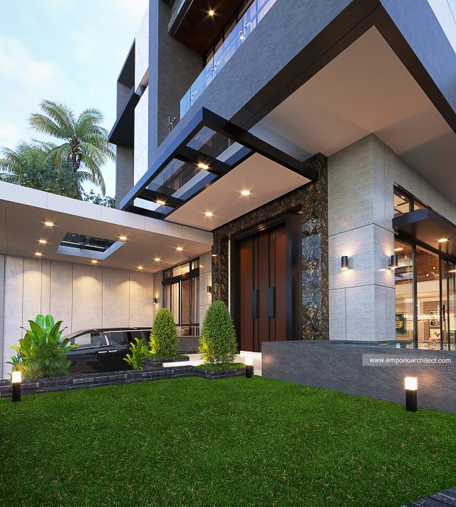 Desain Tampak Detail Depan Rumah Modern 2.5 Lantai Ibu Nana di Jakarta