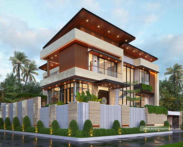 Desain Tampak Hook Rumah Modern 2.5 Lantai Bapak BBG di BSD, Tangerang Selatan, Banten