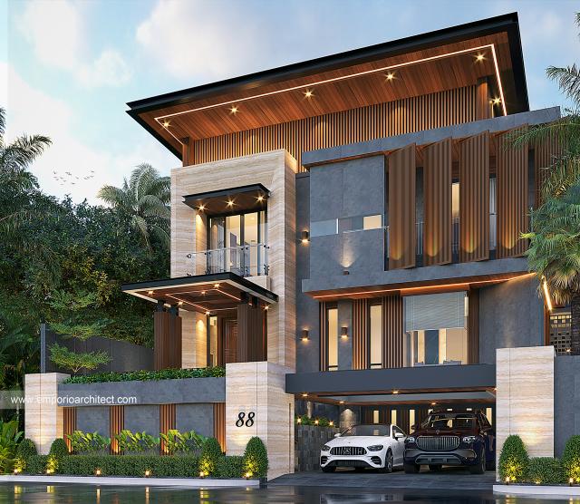 Desain Rumah Modern 2.5 Lantai Bapak WCT di Palembang - Tampak Depan 