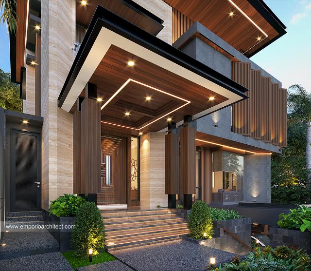 Desain Tampak Detail Depan 2 Rumah Modern 2.5 Lantai Bapak WCT di Palembang