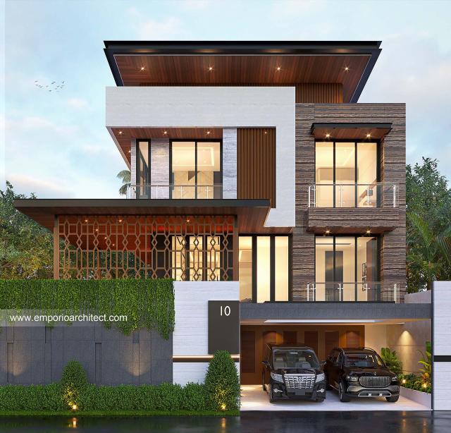 Desain Tampak Depan 2 Rumah Modern 2.5 Lantai Bapak HDU di Jakarta