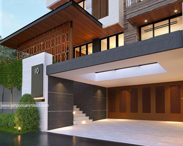 Desain Tampak Detail Depan 2 Rumah Modern 2.5 Lantai Bapak HDU di Jakarta