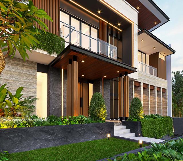 Desain Tampak Detail Depan 2 Rumah Modern 2.5 Lantai Bapak AD di Tangerang, Banten