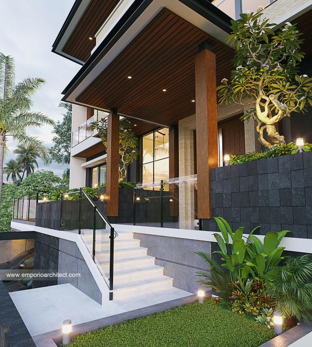 Desain Tampak Detail Depan Rumah Modern 2.5 Lantai Bapak ATG di Bandung, Jawa Barat