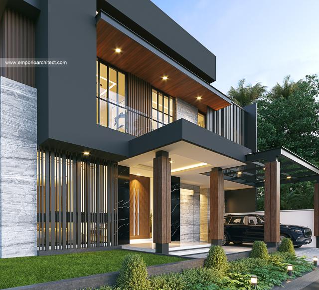 Desain Tampak Detail Depan Rumah Modern 2.5 Lantai Ibu CCL di Tangerang