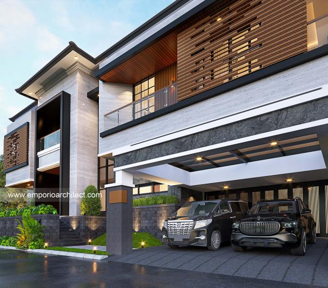 Desain Tampak Detail Depan 2 Rumah Modern 2.5 Lantai Ibu EST di Semarang