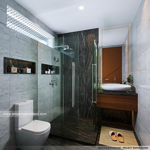 Desain Kamar Mandi Utama Perumahan The Gems Townhouse Modern 2.5 Lantai Bapak HSN di Cibubur, Jakarta Timur