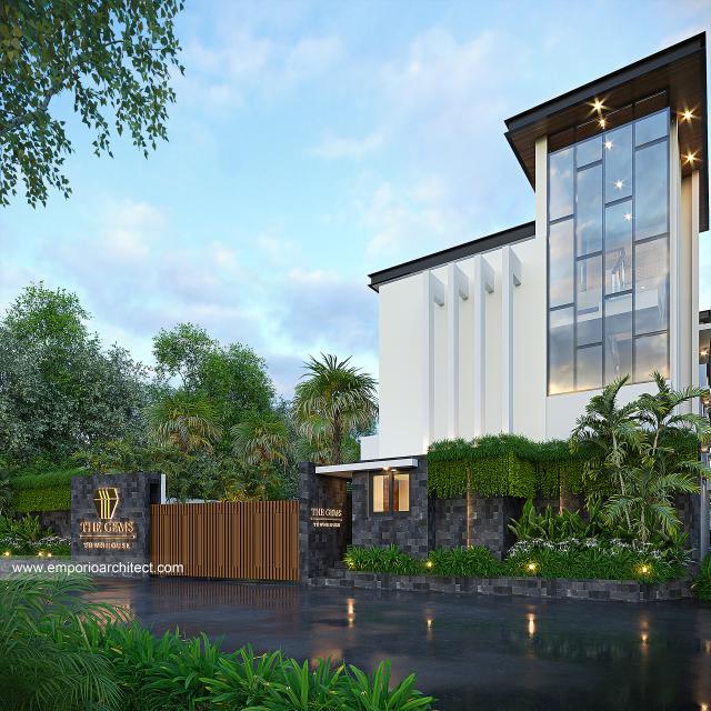 Desain Tampak Gate Depan 2 Perumahan The Gems Townhouse Modern 2.5 Lantai Bapak HSN di Cibubur, Jakarta Timur