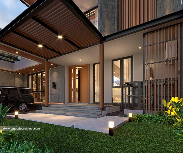 Desain Tampak Detail Depan Rumah Modern 2.5 Lantai Bapak JKI di Jakarta