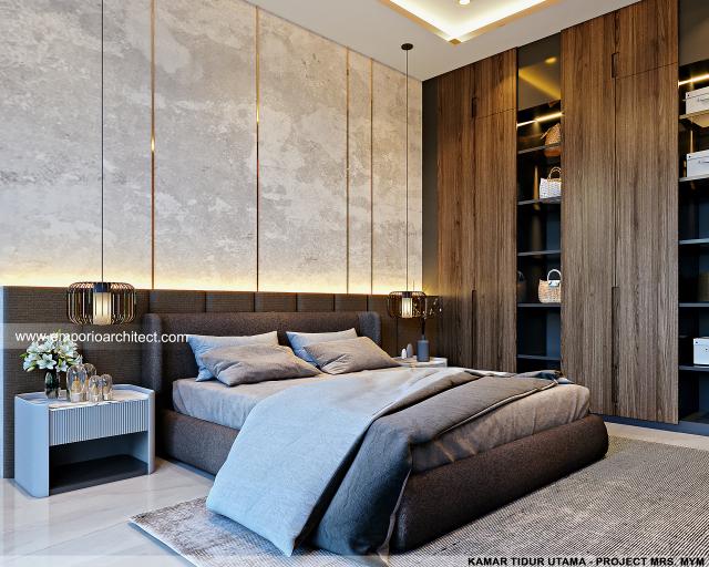 Desain Kamar Tidur Utama Rumah Modern 3 Lantai Mrs. MYM di Jakarta