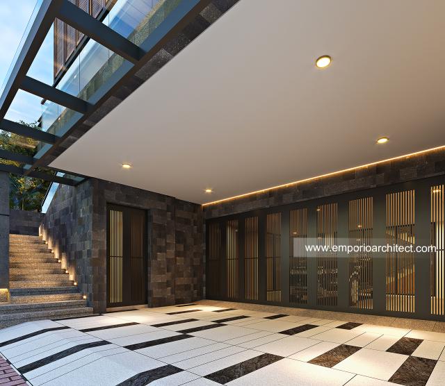 Desain Tampak Detail Depan Rumah Modern 3 Lantai Mrs. MYM di Jakarta