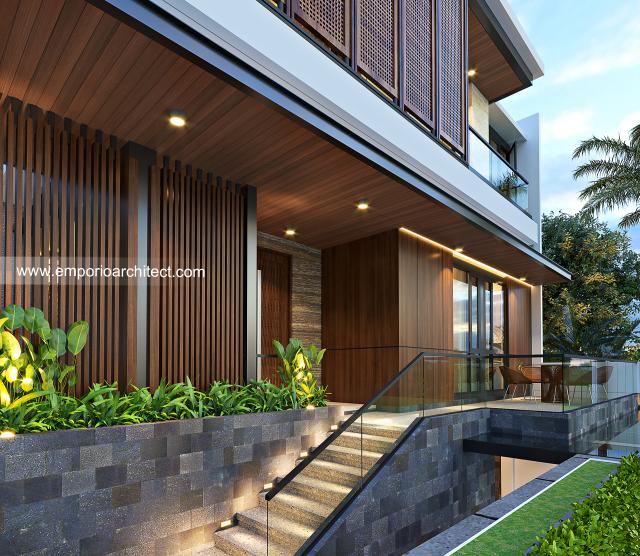 Desain Tampak Detail Depan 2 Rumah Modern 3 Lantai Mrs. MYM di Jakarta