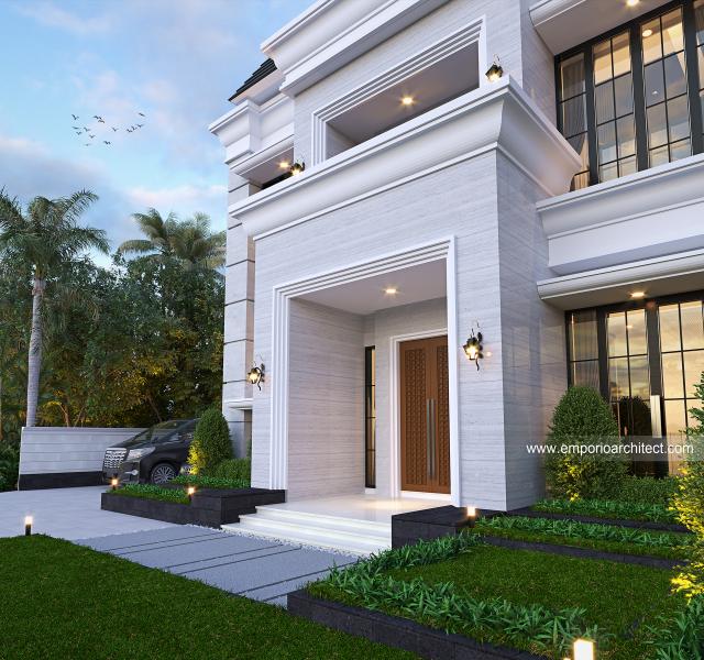 Desain Tampak Detail Depan Rumah Klasik Modern 2.5 Lantai Ibu DLM di Bandung