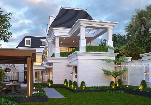 Desain Tampak Belakang Rumah Klasik Modern 2.5 Lantai Ibu DLM di Bandung