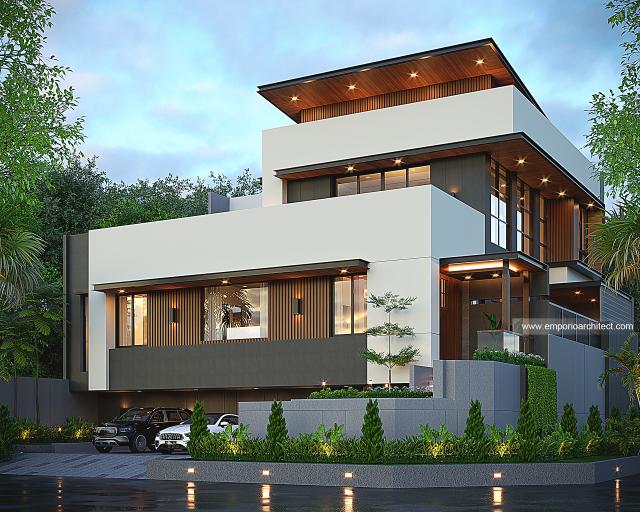 Desain Tampak Hook Rumah Modern 3 Lantai Bapak WWS di Gading Serpong, Tangerang