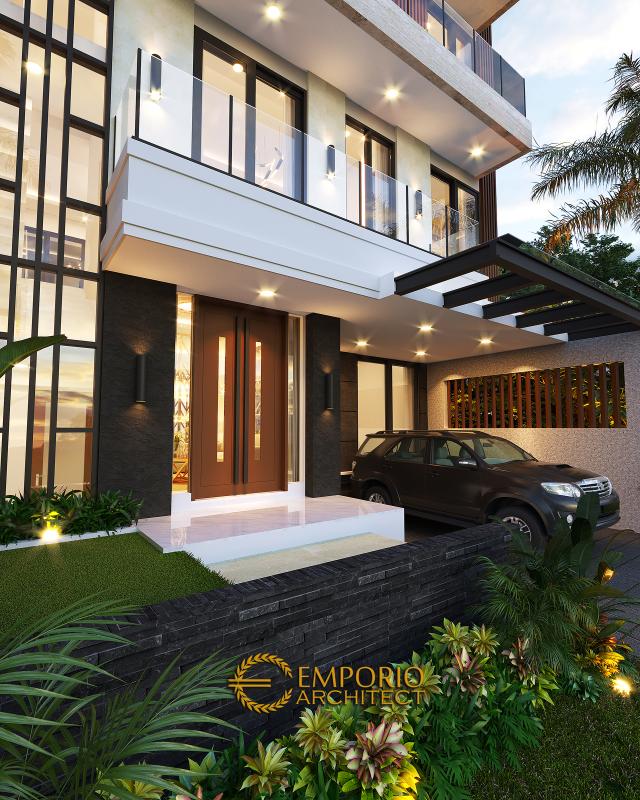 Desain Tampak Detail Depan Rumah Modern 3 Lantai Ibu Swan di Surabaya