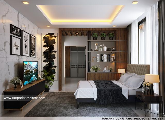 Desain Kamar Tidur Utama Rumah Modern Industrial 3 Lantai Bapak Ben di Jakarta