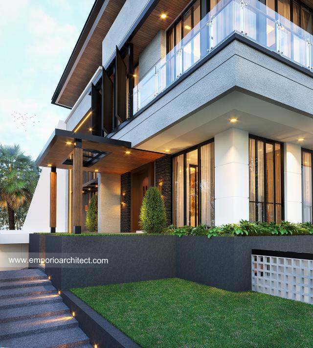 Desain Taman Depan Rumah Modern Industrial 3 Lantai Bapak Ben di Jakarta