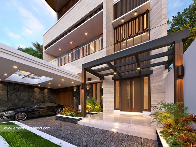 Desain Tampak Detail Depan Rumah Modern 3 Lantai Bapak Djaja di Surabaya