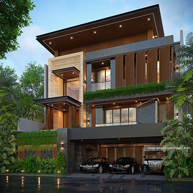 Desain Tampak Depan 3 Rumah Modern 3 Lantai Ibu IA di Makassar